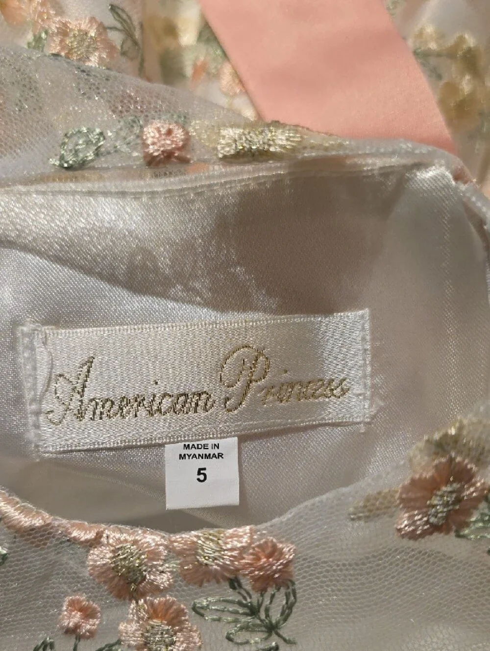 Girls Floral Embroidered Party Dress - White with Pastel Accents. Size 5
